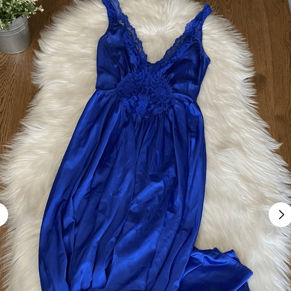 Vintage RARE OLGA Royal Blue Satin Dress Nightgown